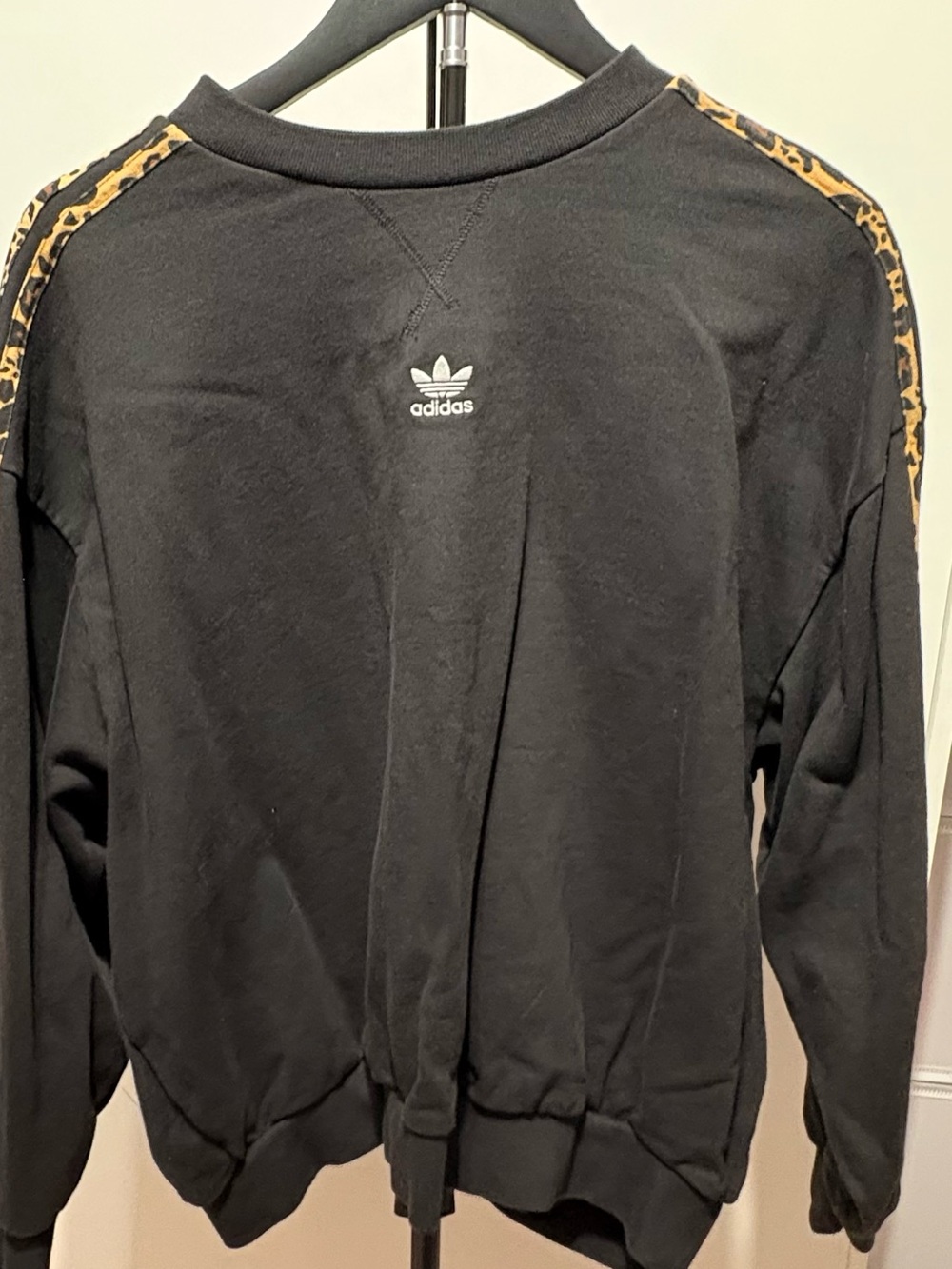 adidas Black Crewneck Sweatshirt with Leopard-Trim Shoulder Stripes XS